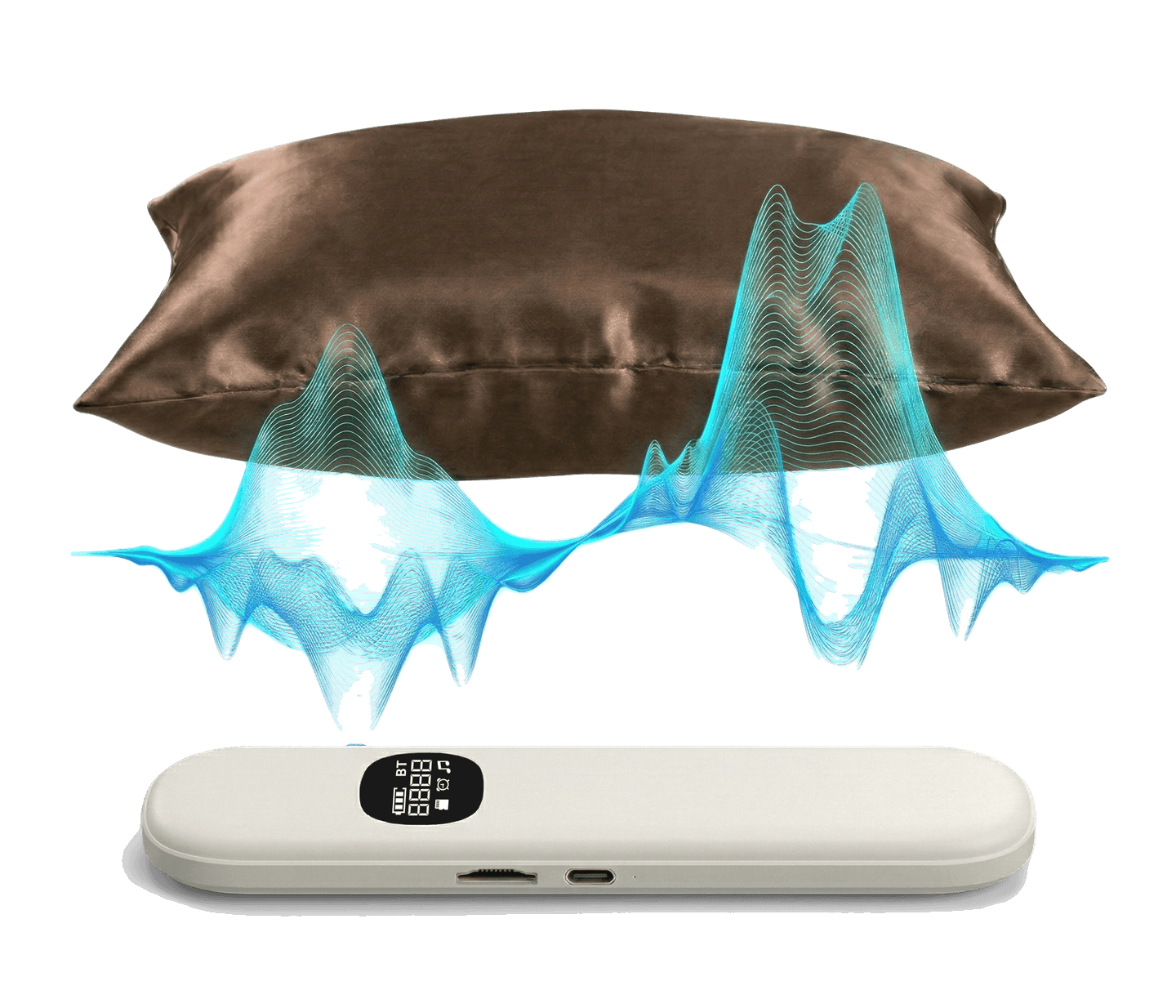 Cross-section showing Lullabar under a pillow sending sound upward to the sleeper